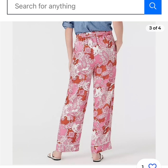 NWT, 00, Jcrew paisley pant with pockets white satin around leg opening and side - Picture 2 of 6